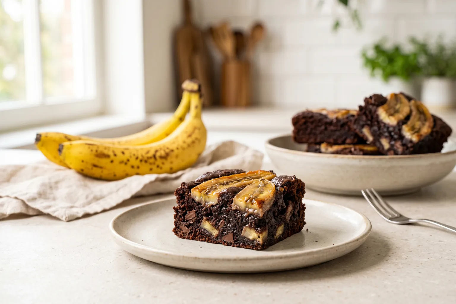 Et stykke bananbrownie med karamelliserede bananskiver på toppen og bananstykker i den fudgy krumme, modne bananer bagved