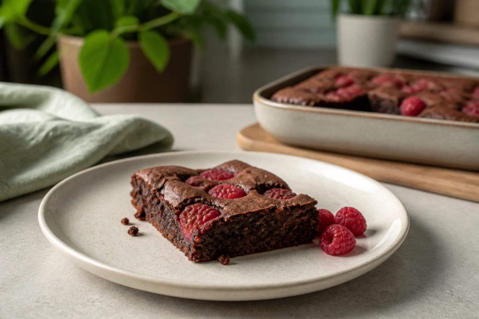 Brownie med hindbær skåret i firkanter