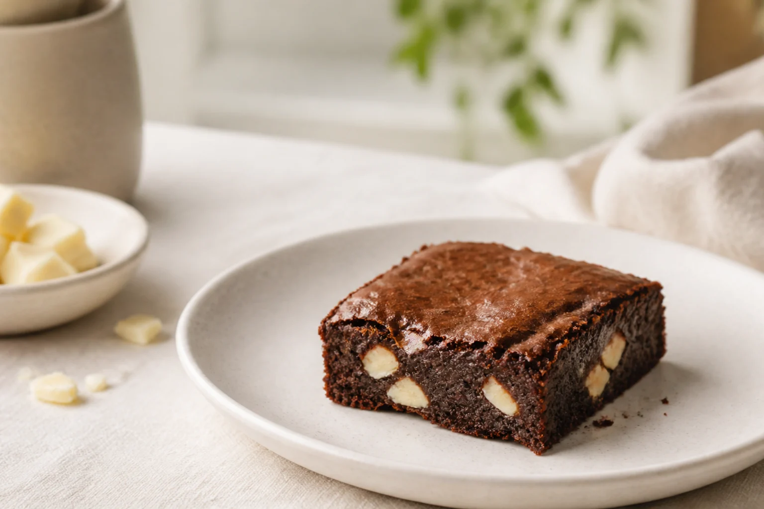 Brownie med hvid chokolade serveret og klar
