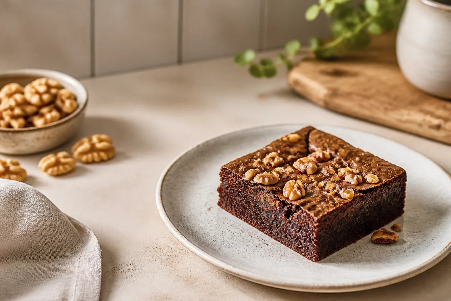 Brownie med valnødder serveret og klar