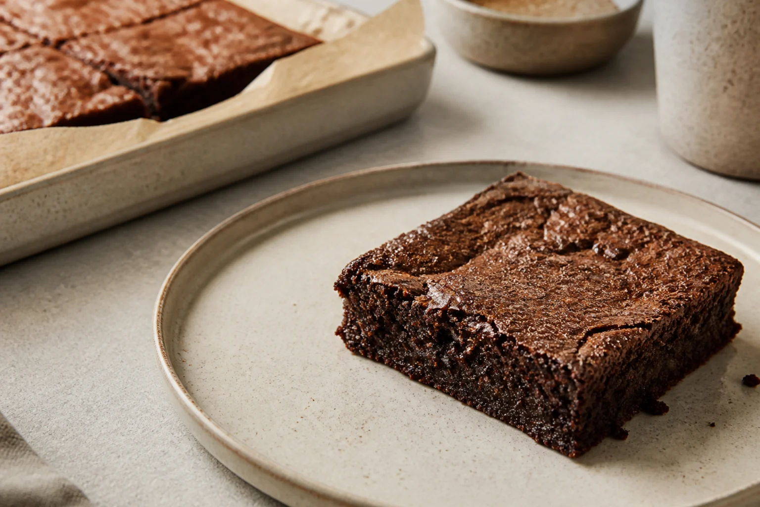 Chewy brownie med sej kant serveret og klar