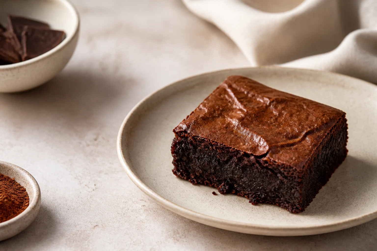Klassisk fudgy brownie serveret og klar