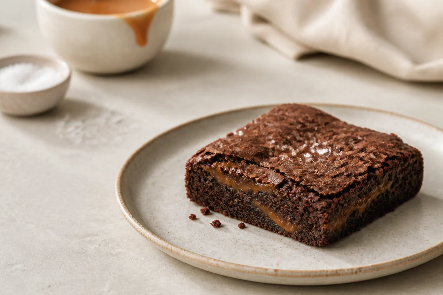 Brownie med saltkaramel serveret og klar
